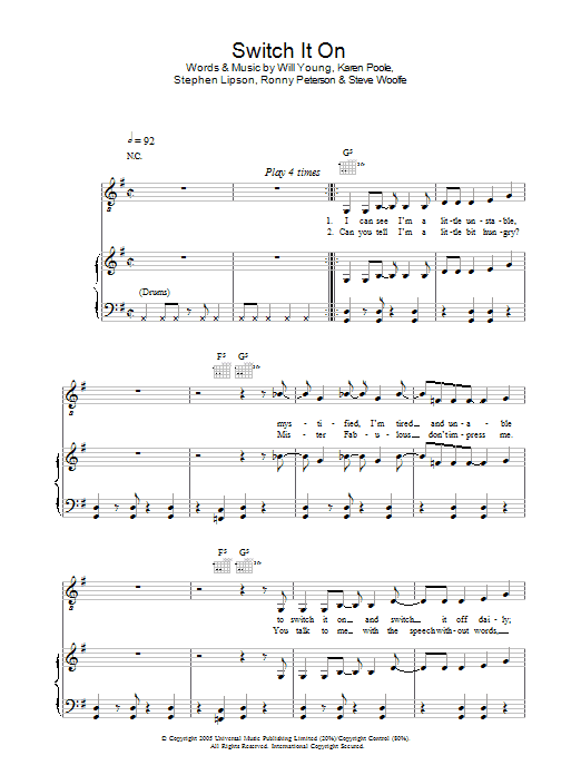 Will Young Switch It On sheet music notes and chords arranged for Piano, Vocal & Guitar Chords