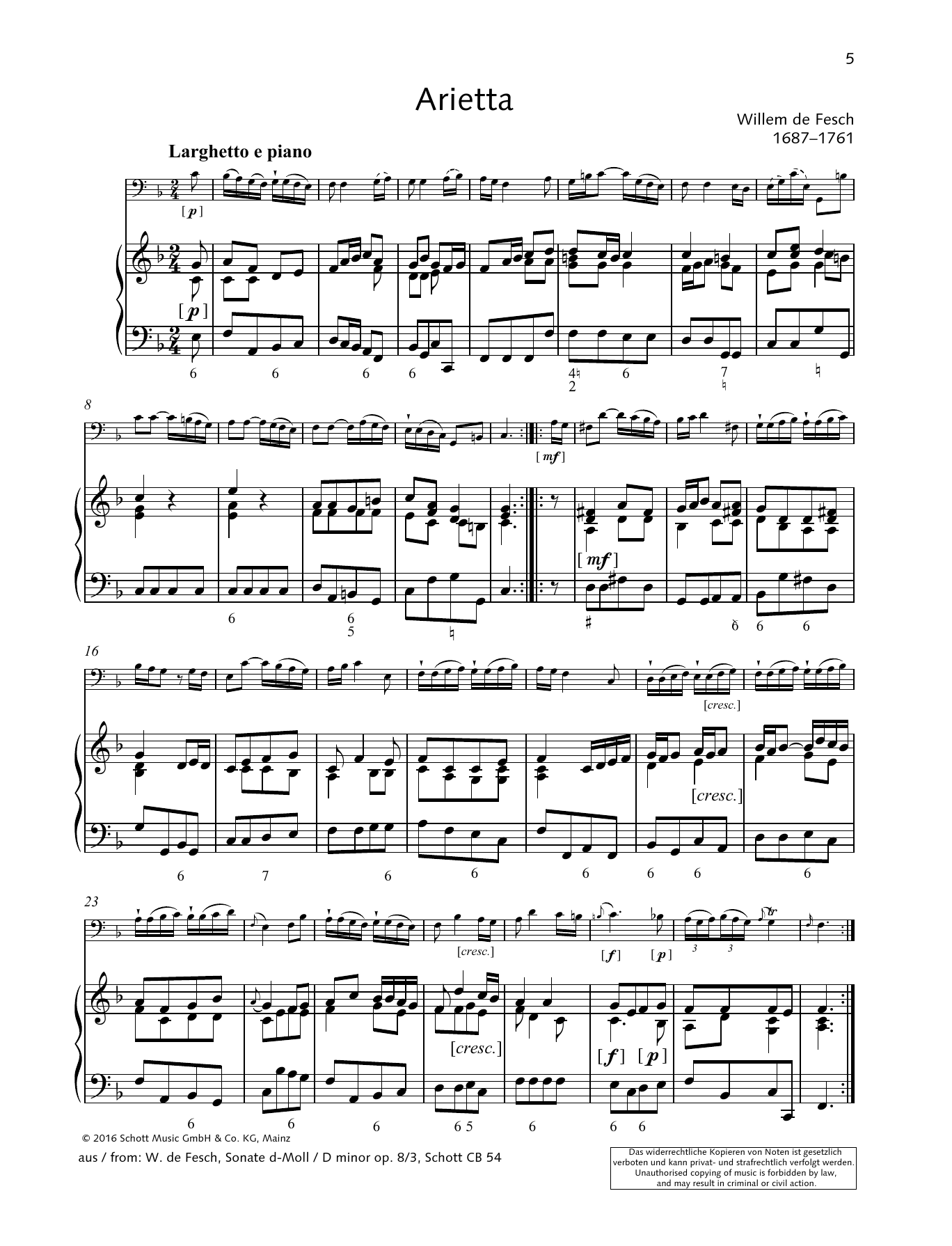Willem de Fesch Arietta sheet music notes and chords arranged for String Solo