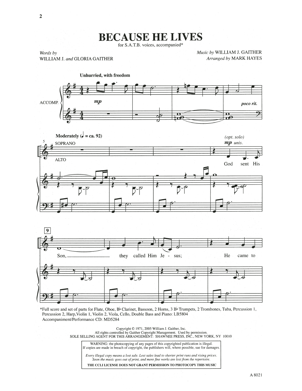 William & Gloria Gaither Because He Lives (arr. Mark Hayes) sheet music notes and chords arranged for SATB Choir