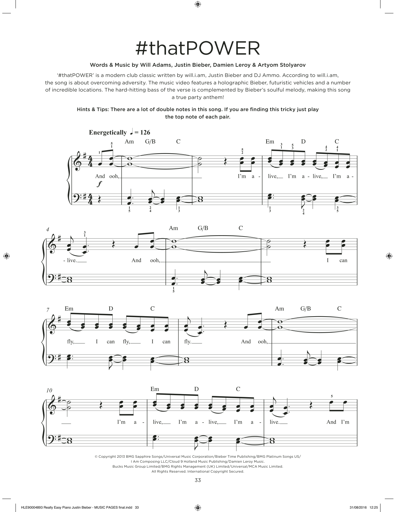 will.i.am & Justin Bieber #thatPOWER sheet music notes and chords arranged for Really Easy Piano