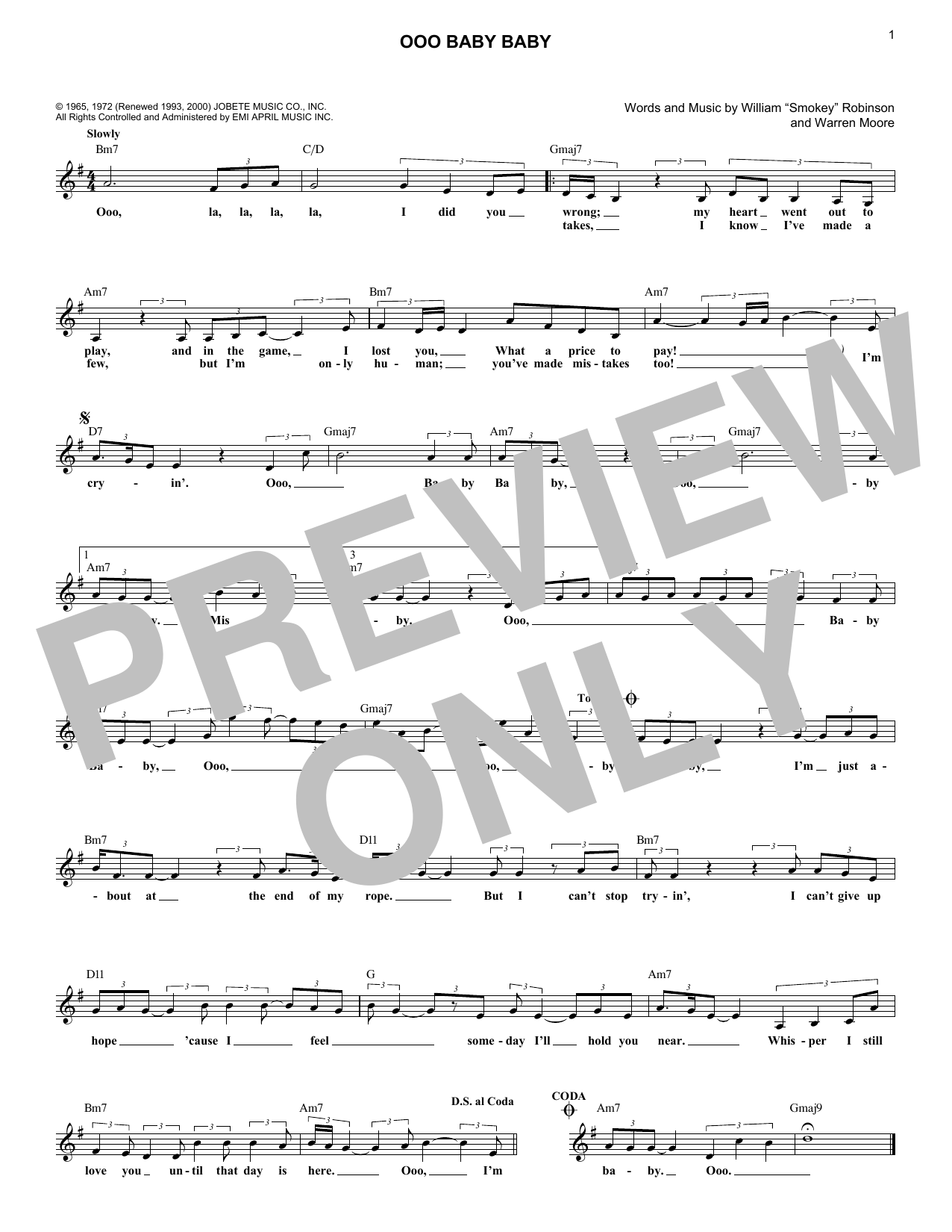 Smokey Robinson Ooo Baby Baby sheet music notes and chords arranged for Lead Sheet / Fake Book