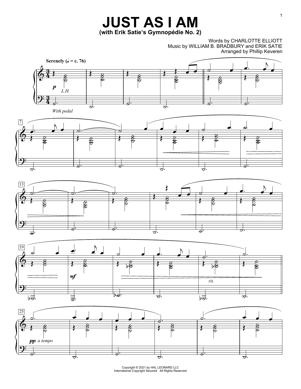 William B. Bradbury and Erik Satie Just As I Am (With Erik Satie's Gymnopedie No. 2) (arr. Phillip Keveren) sheet music notes and chords arranged for Piano Solo