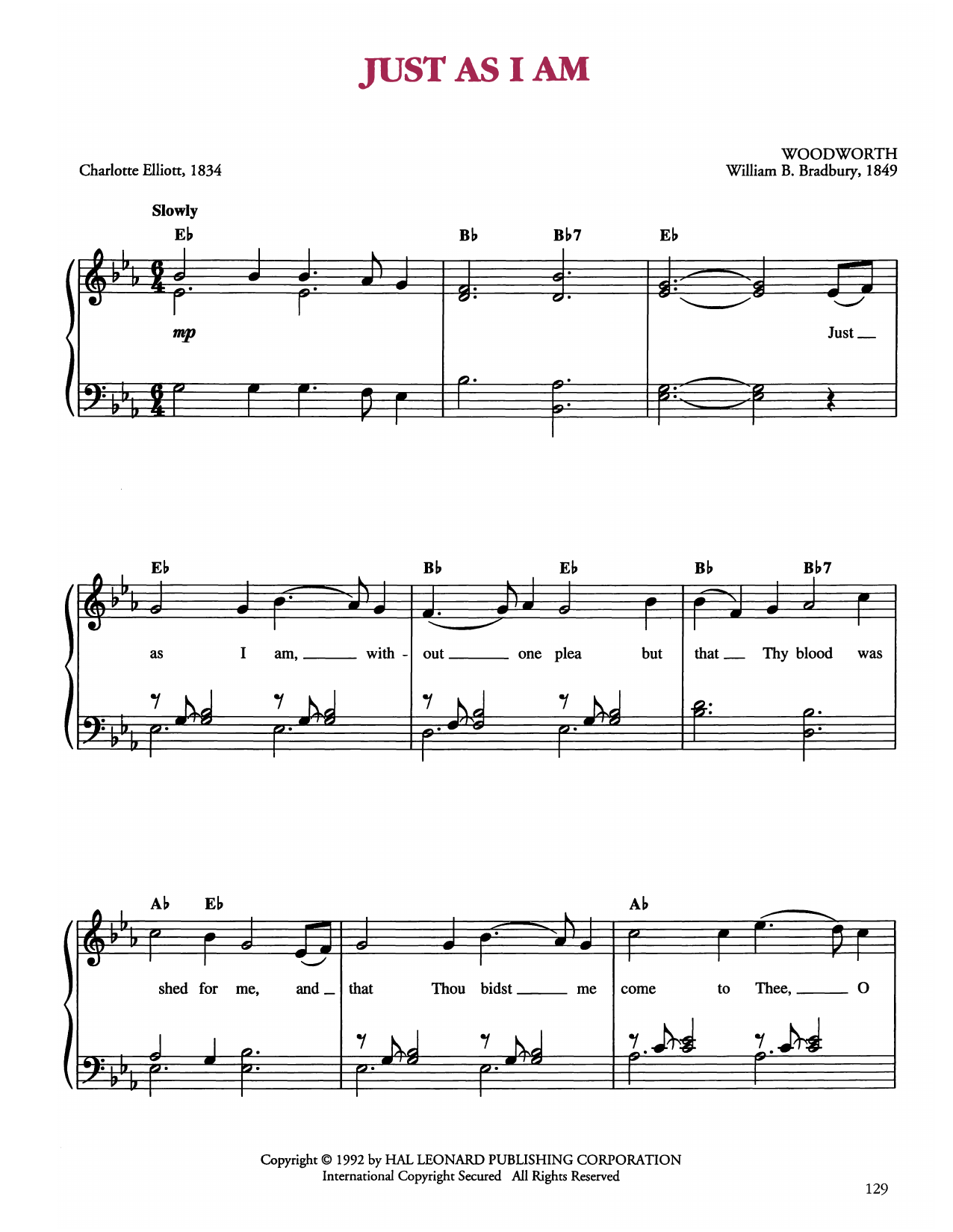 William B. Bradbury Just As I Am sheet music notes and chords arranged for Easy Piano