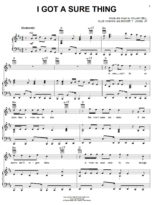 William Bell I Got A Sure Thing sheet music notes and chords arranged for Piano, Vocal & Guitar Chords (Right-Hand Melody)