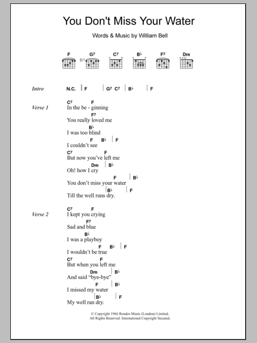 William Bell You Don't Miss Your Water sheet music notes and chords arranged for Guitar Chords/Lyrics