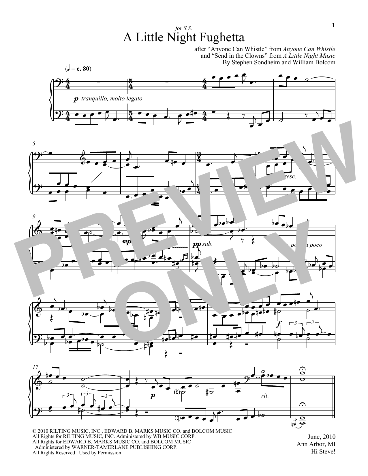 William Bolcom A Little Night Fughetta sheet music notes and chords arranged for Piano Solo
