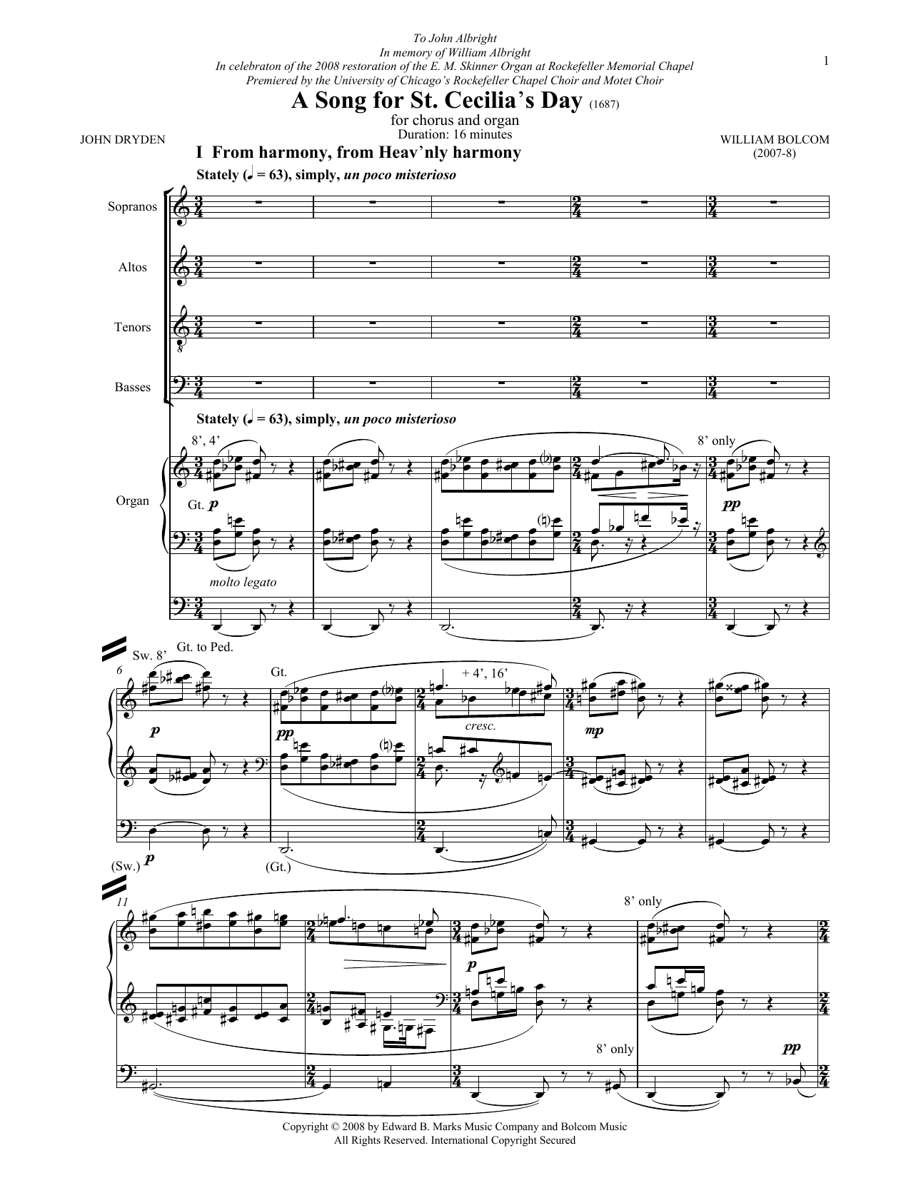 William Bolcom A Song For St. Cecilia's Day sheet music notes and chords arranged for SATB Choir