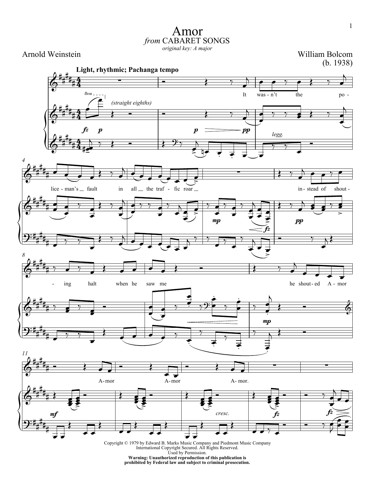 William Bolcom Amor sheet music notes and chords arranged for Piano & Vocal