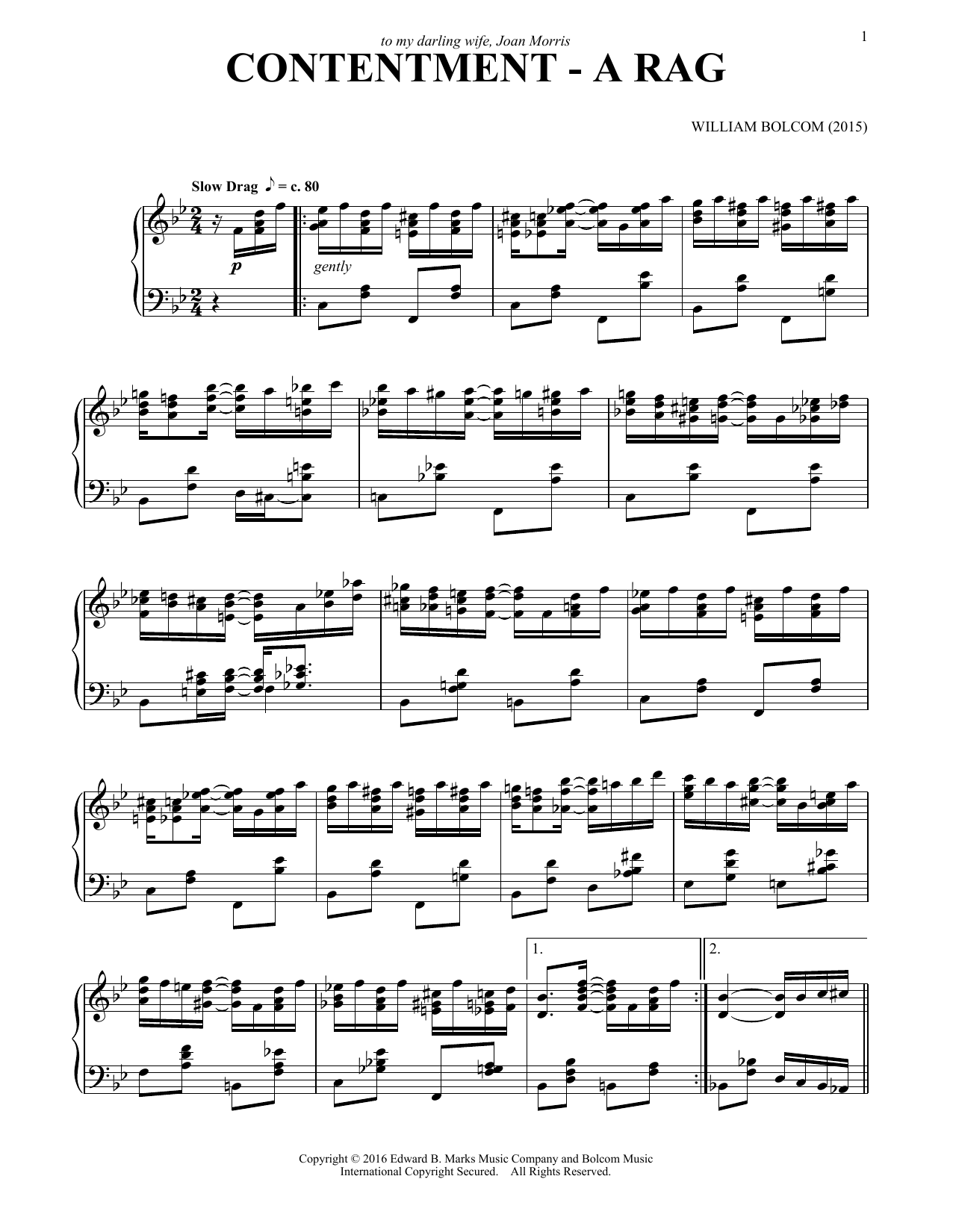 William Bolcom Contentment - A Rag sheet music notes and chords arranged for Piano Solo