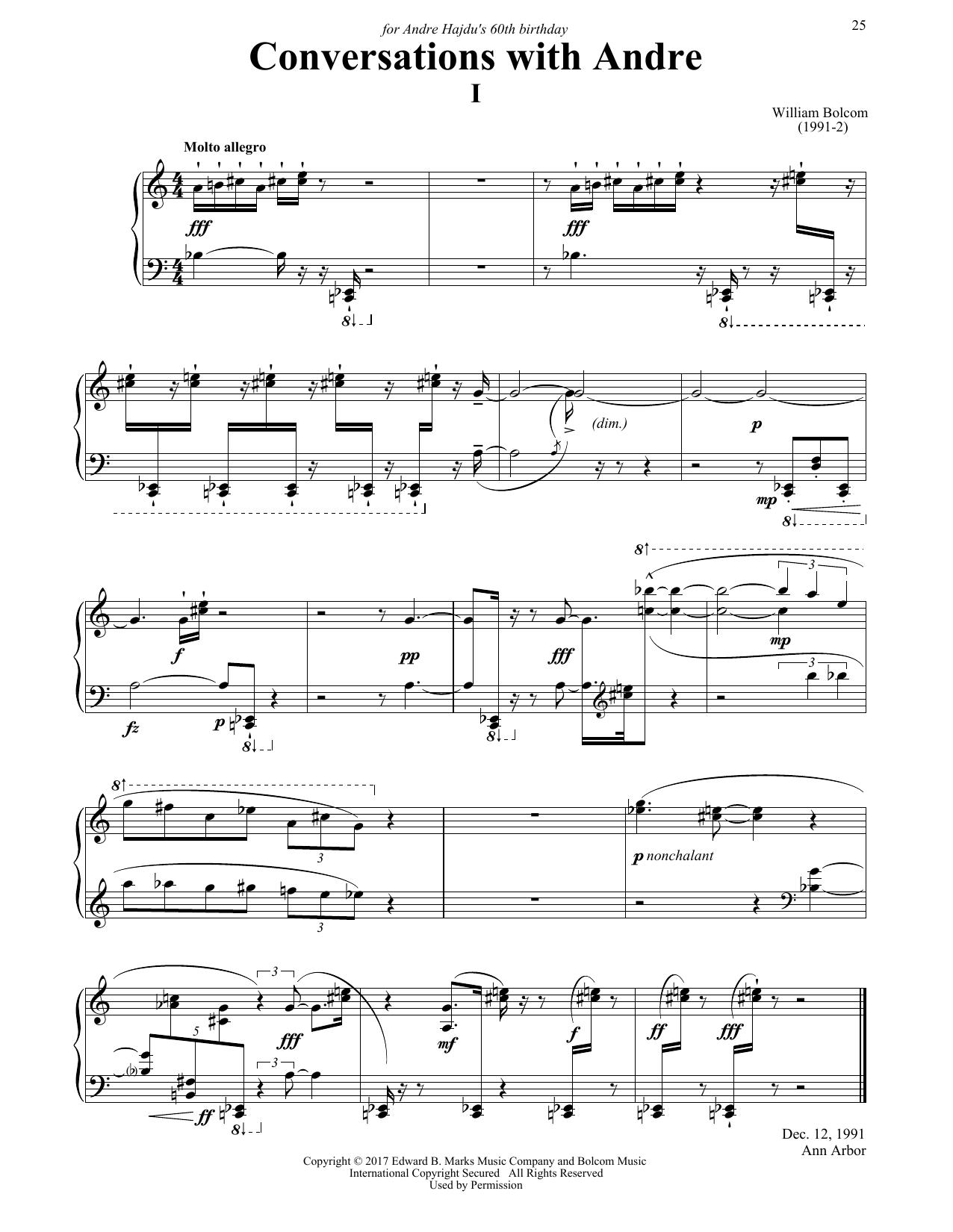 William Bolcom Conversations with Andre sheet music notes and chords arranged for Piano Solo