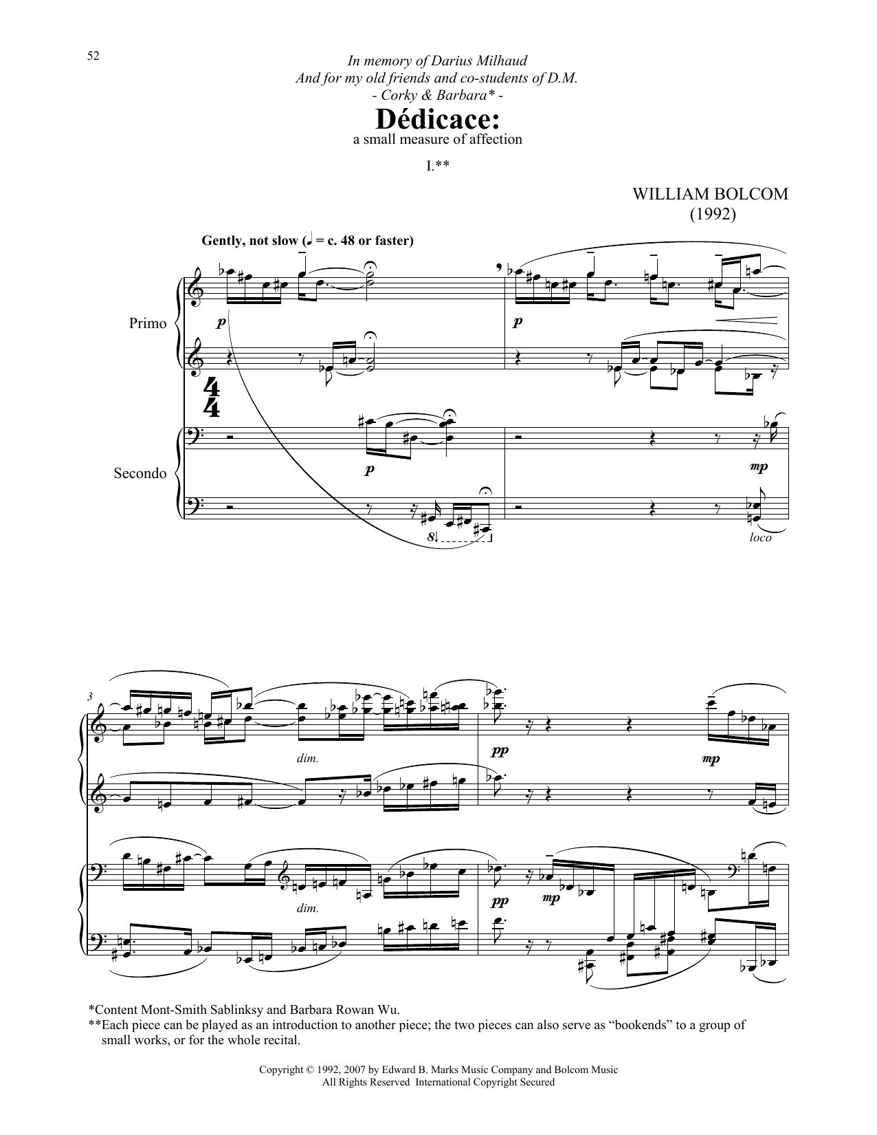 William Bolcom Dedicace sheet music notes and chords arranged for Piano Duet