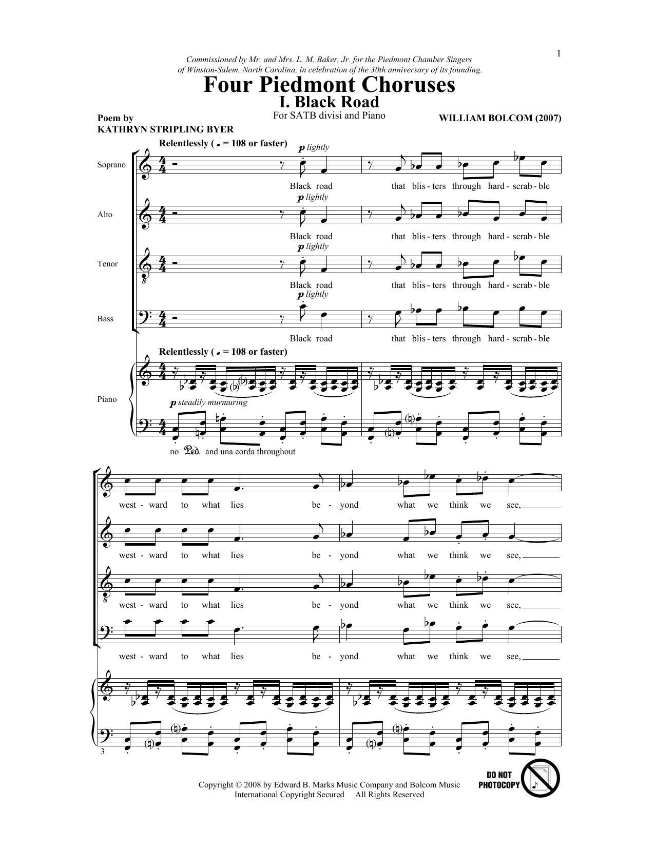 William Bolcom Four Piedmont Choruses sheet music notes and chords arranged for SATB Choir