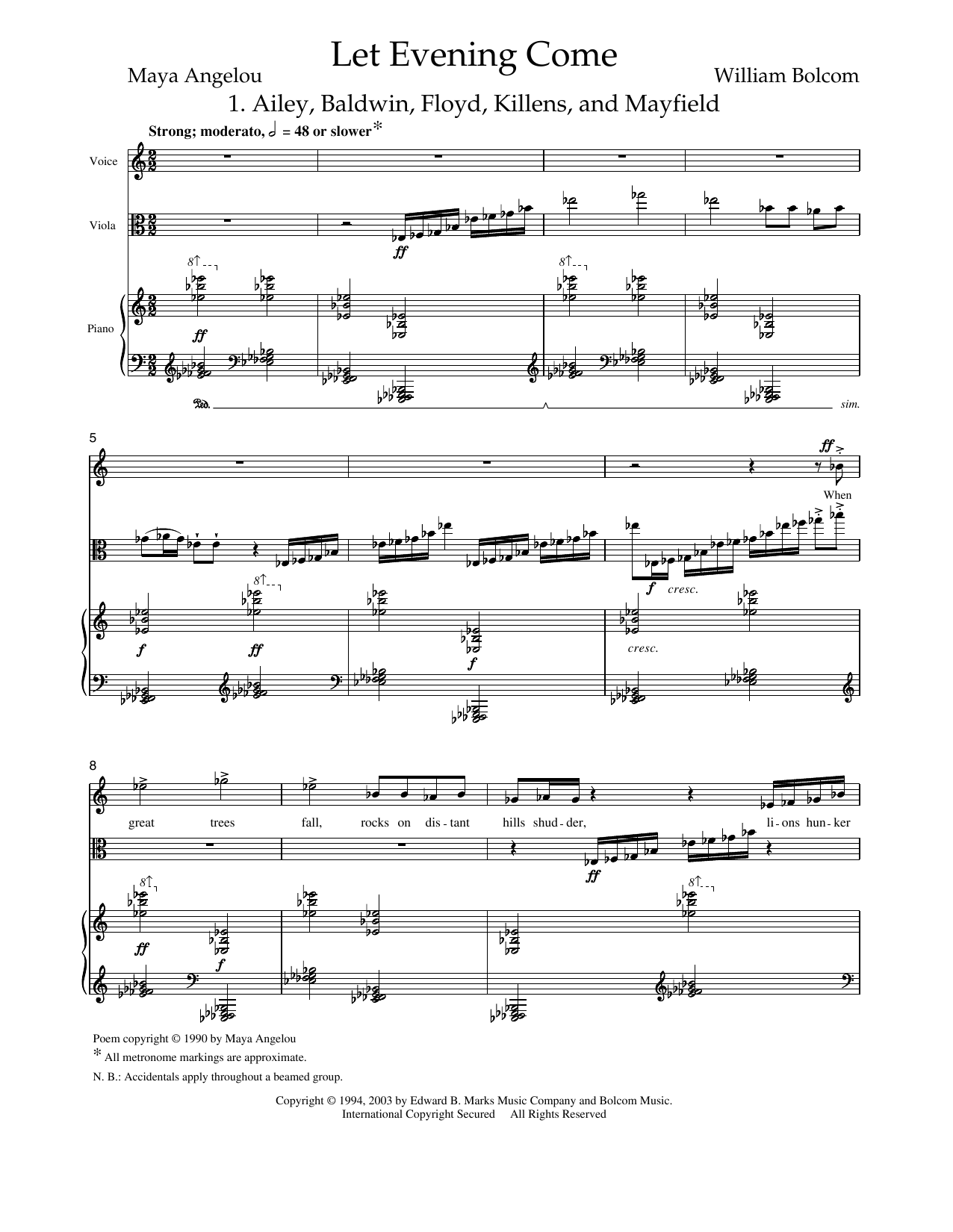 William Bolcom Let Evening Come (for soprano, viola and piano) sheet music notes and chords arranged for Piano & Vocal