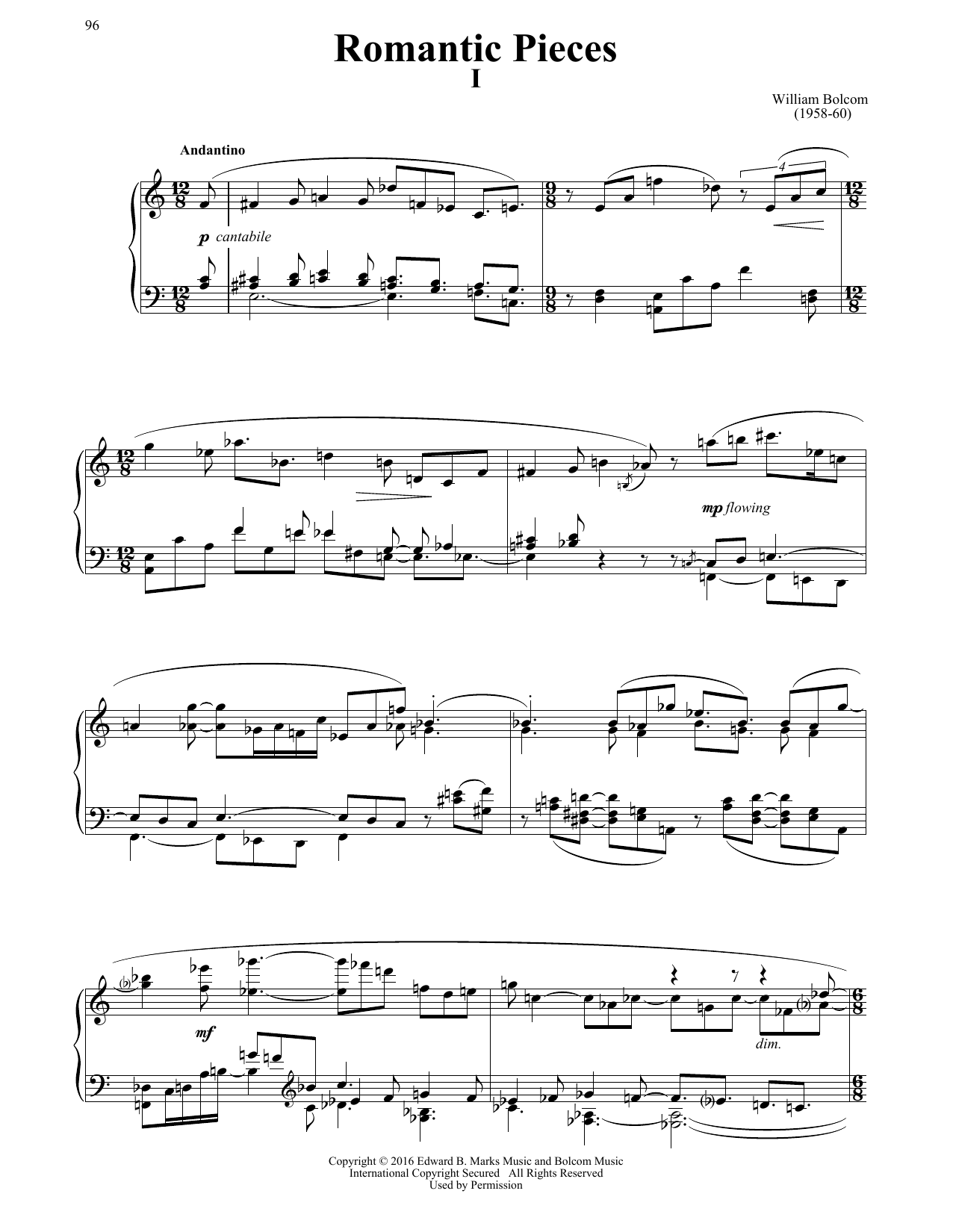 William Bolcom Romantic Pieces sheet music notes and chords arranged for Piano Solo