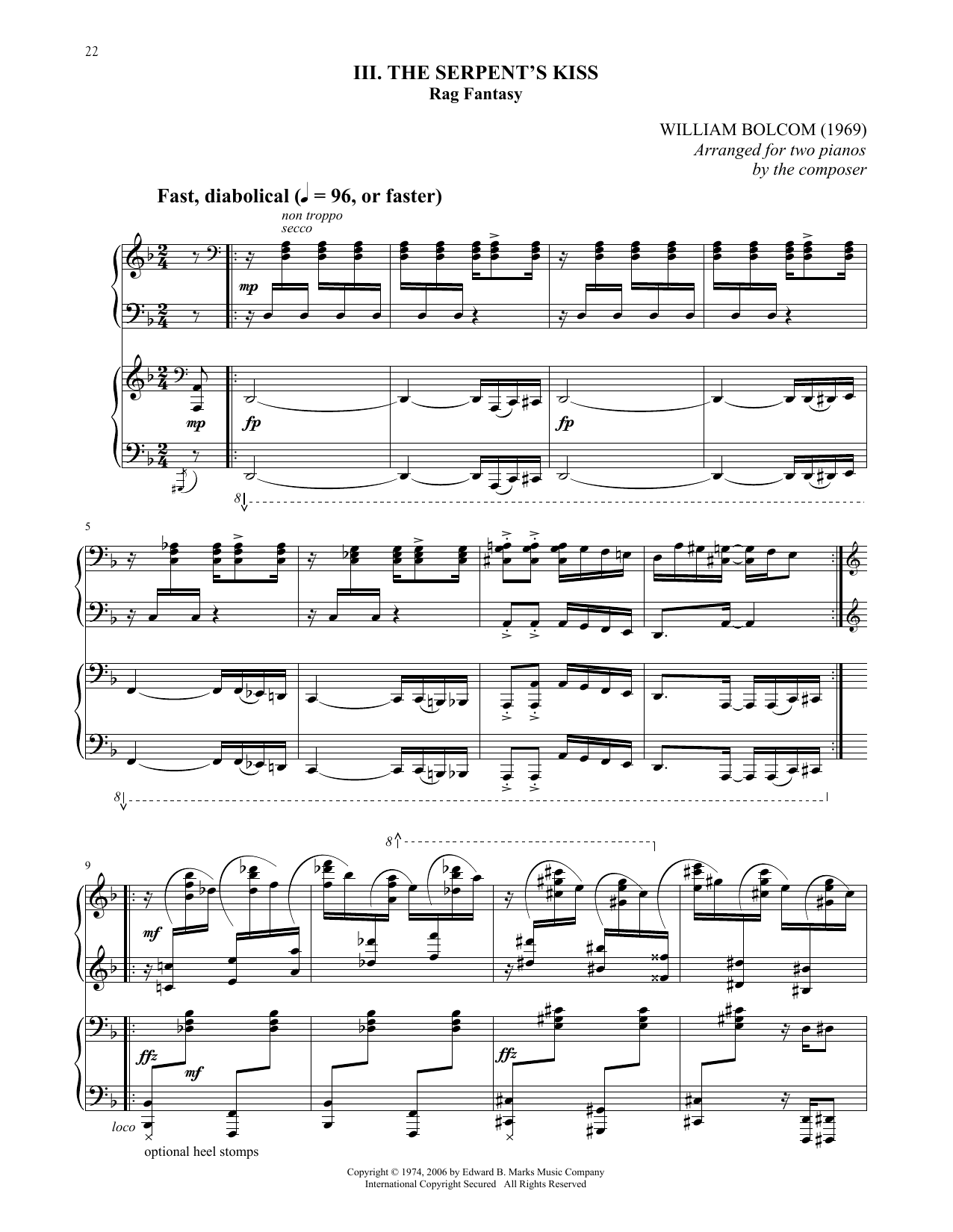 William Bolcom The Serpent's Kiss sheet music notes and chords arranged for Piano Duet