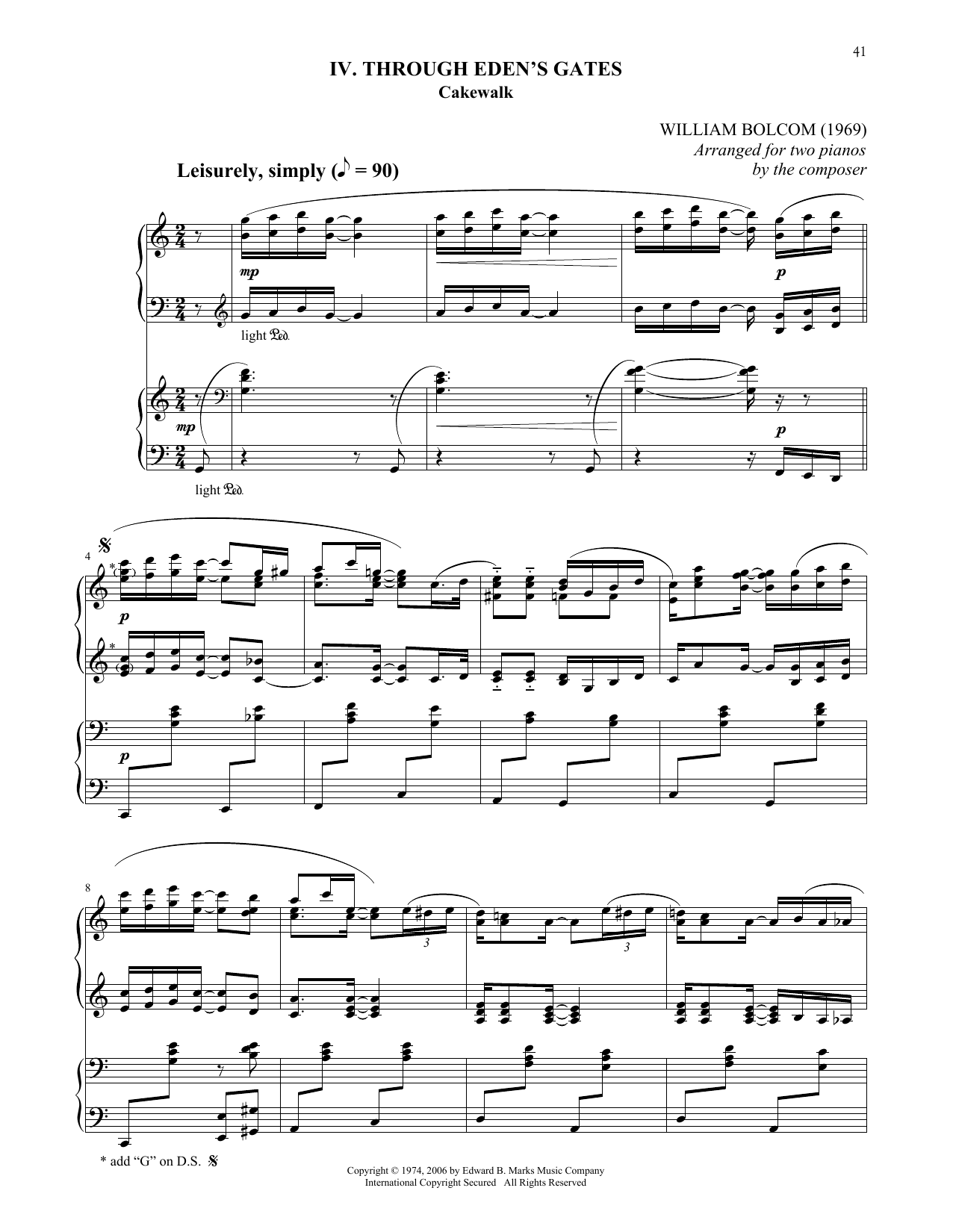 William Bolcom Through Eden's Gates sheet music notes and chords arranged for Piano Duet