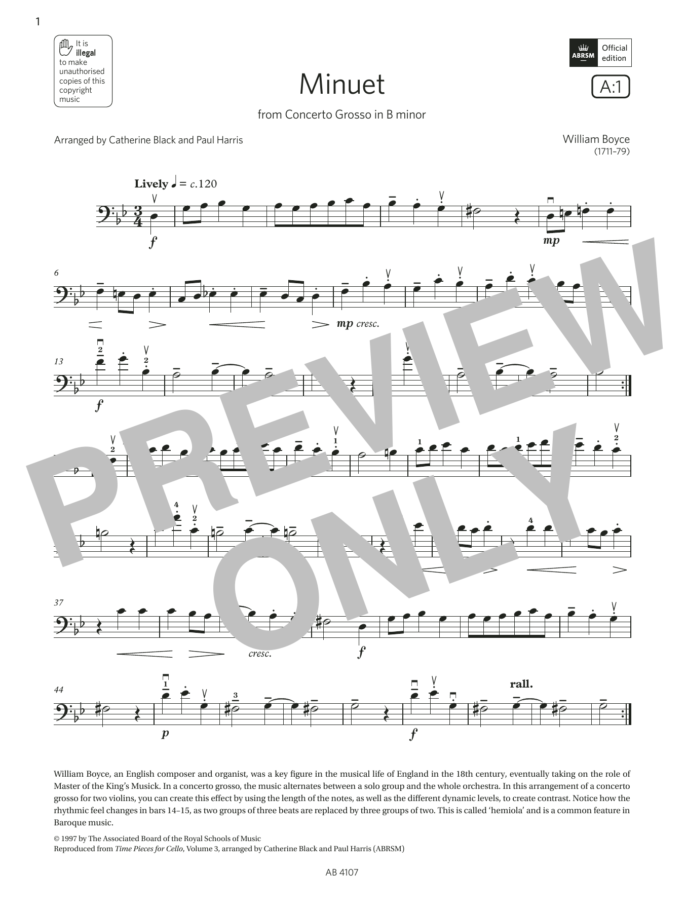 William Boyce Minuet (Grade 4, A1, from the ABRSM Cello Syllabus from 2024) sheet music notes and chords arranged for Cello Solo