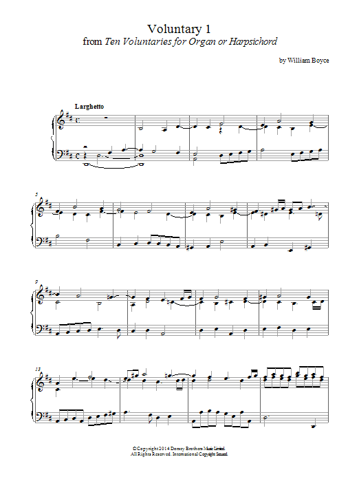William Boyce Voluntary 1 In D Major From 10 Voluntaries For Harpsichord sheet music notes and chords arranged for Piano Solo