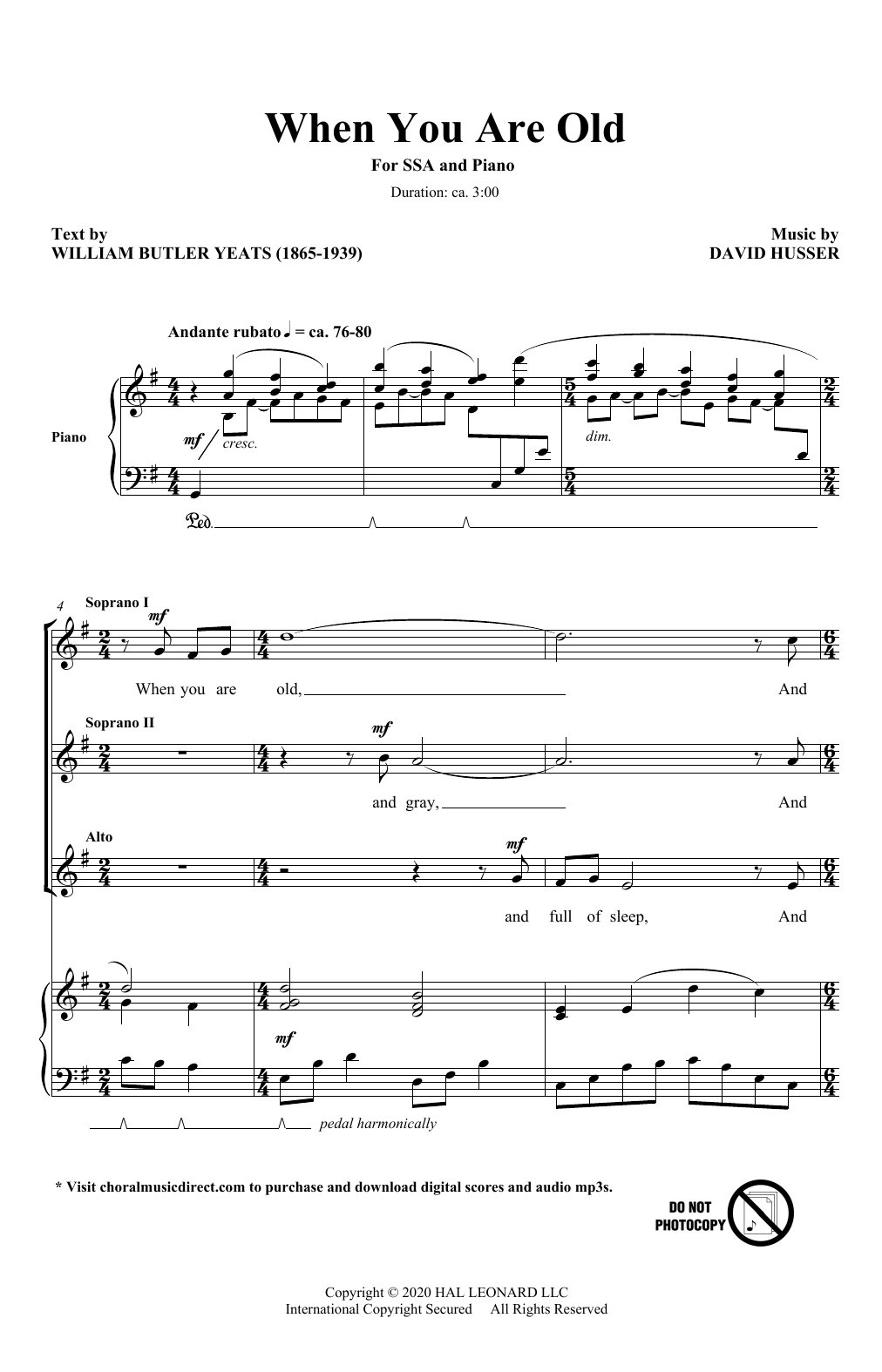 William Butler Yeats and David Husser When You Are Old sheet music notes and chords arranged for SSA Choir