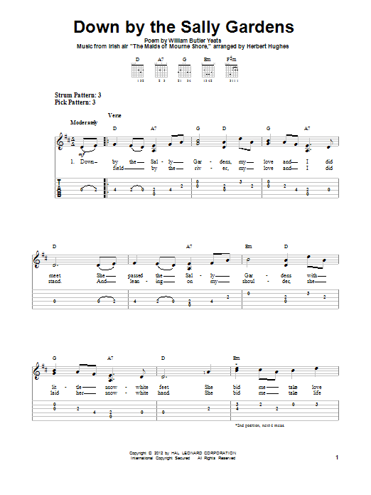 William Butler Yeats Down By The Sally Gardens sheet music notes and chords arranged for Easy Guitar Tab