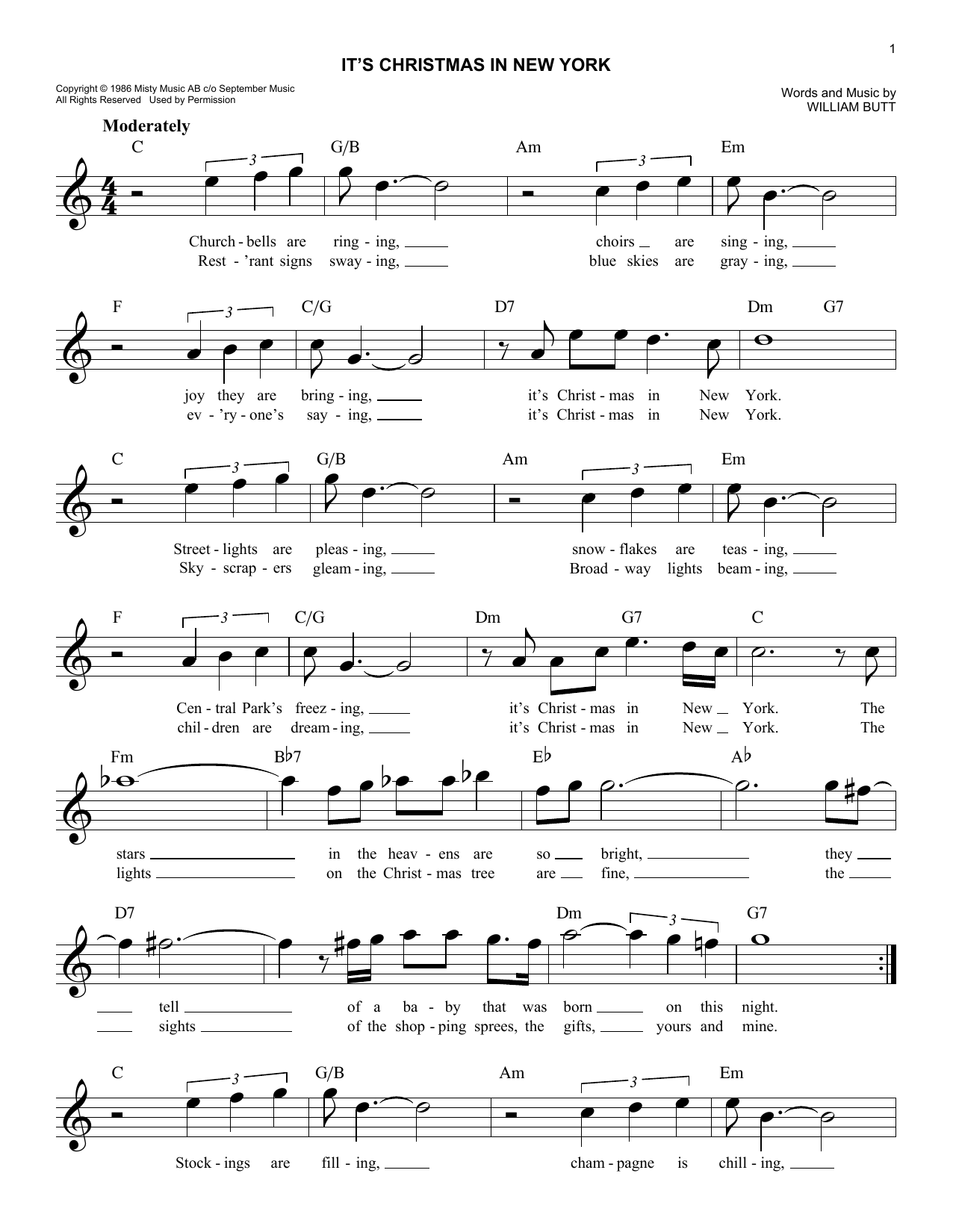 Billy Butt It's Christmas In New York sheet music notes and chords arranged for Lead Sheet / Fake Book