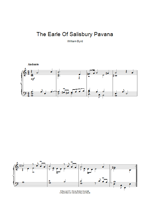 William Byrd The Earle Of Salisbury Pavana sheet music notes and chords arranged for Piano Solo