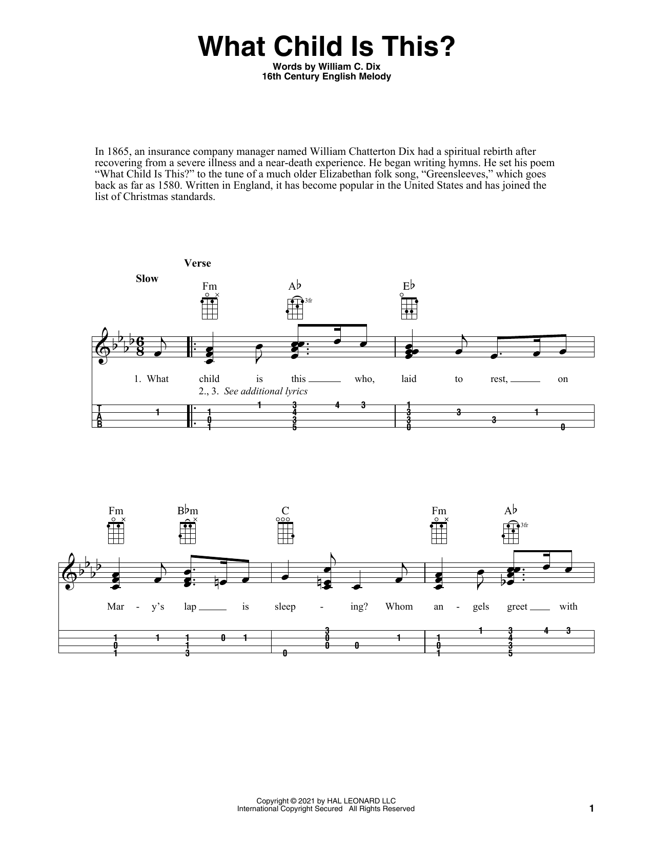 William C. Dix What Child Is This? (arr. Fred Sokolow) sheet music notes and chords arranged for Ukulele