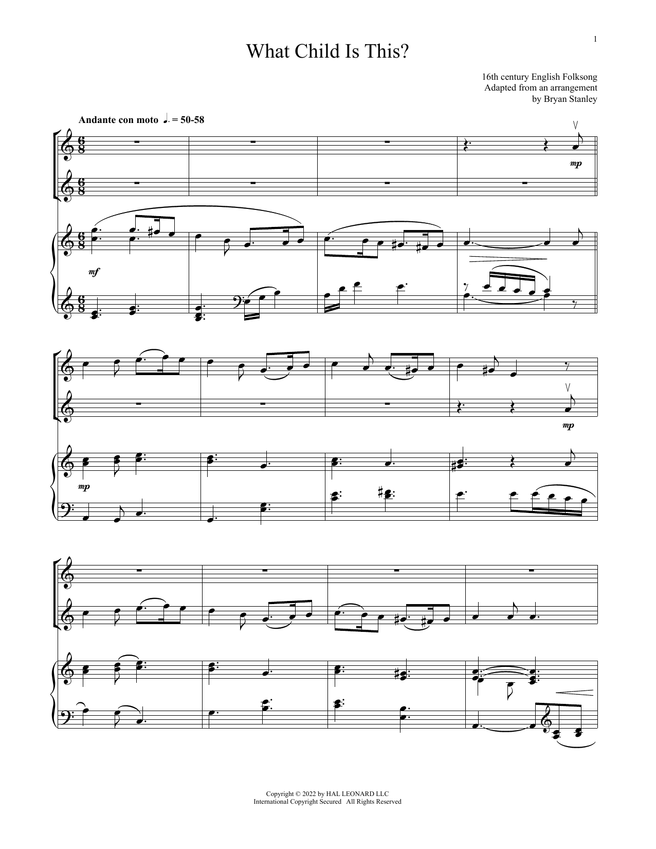 William C. Dix What Child Is This? (for Violin Duet and Piano) sheet music notes and chords arranged for Violin and Piano