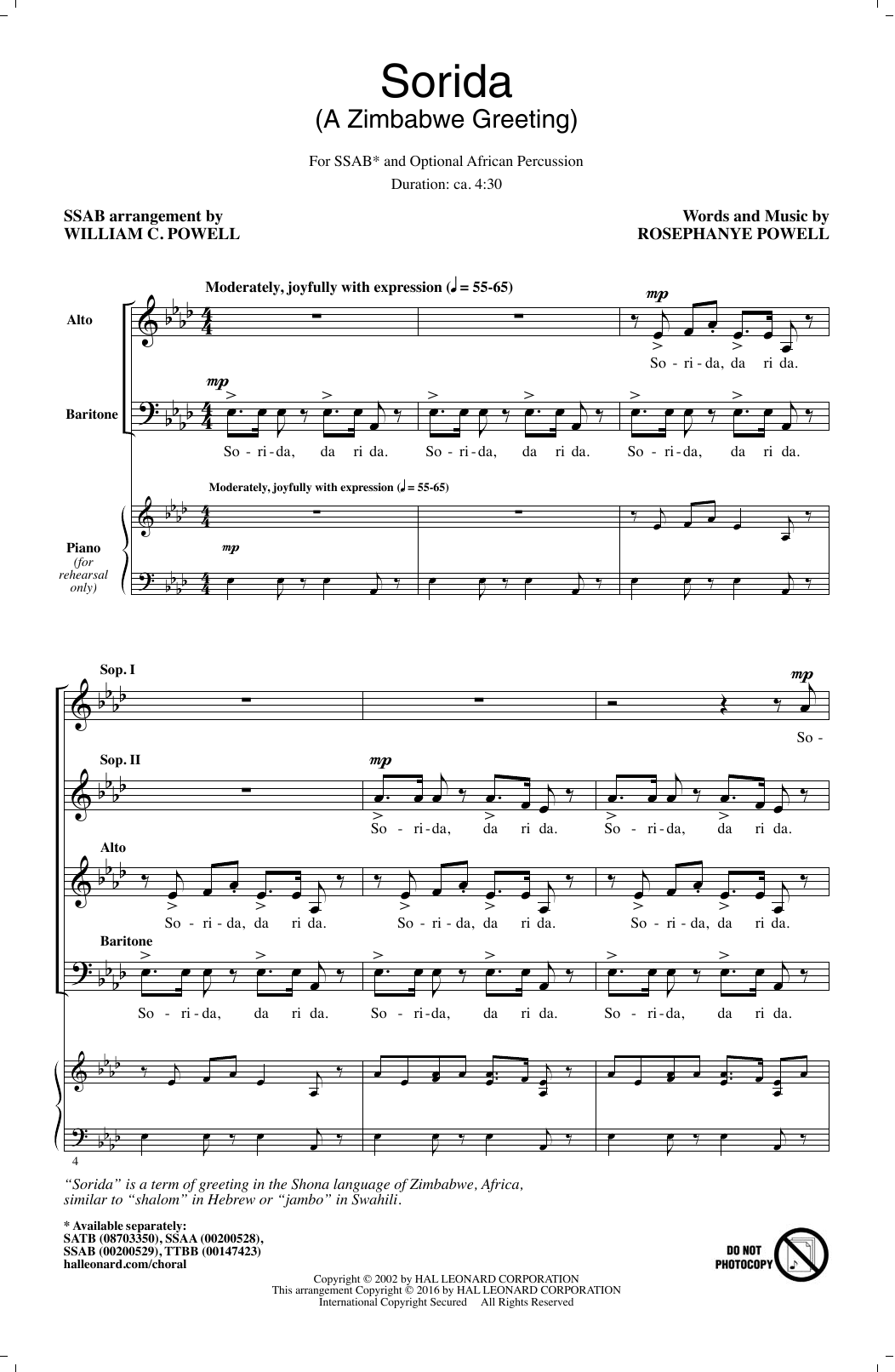 William C. Powell Sorida (A Zimbabwe Greeting) sheet music notes and chords arranged for SSAA Choir