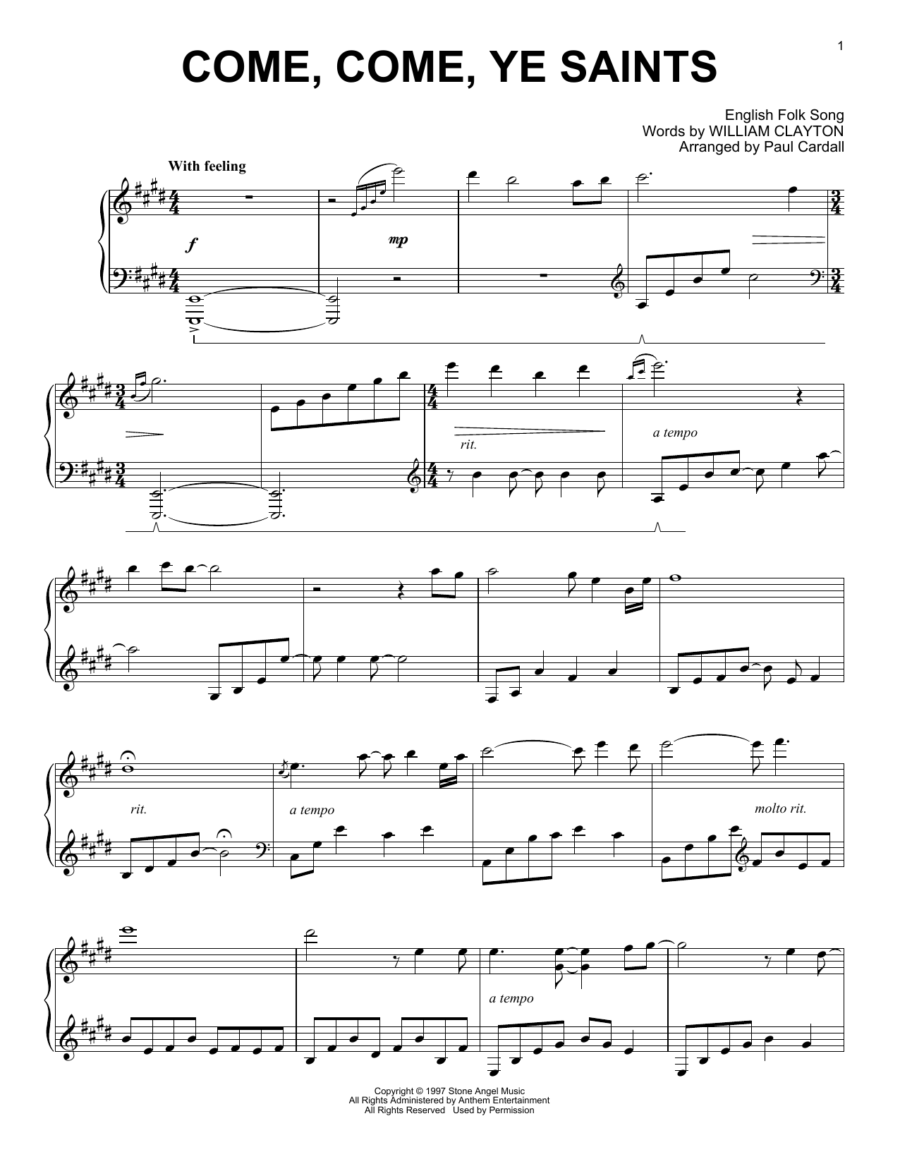 William Clayton Come, Come, Ye Saints (arr. Paul Cardall) sheet music notes and chords arranged for Piano Solo