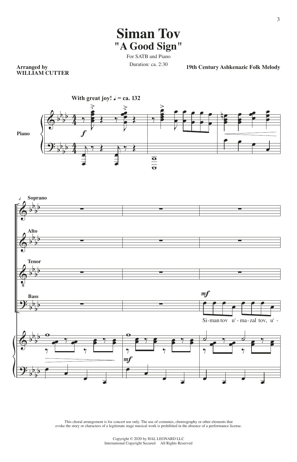 William Cutter Siman Tov (A Good Sign) sheet music notes and chords arranged for SATB Choir