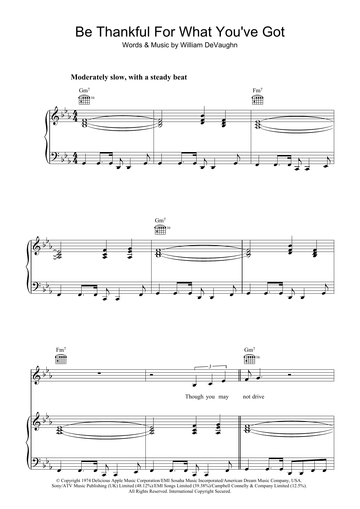 William DeVaughan Be Thankful For What You Got sheet music notes and chords arranged for Piano, Vocal & Guitar Chords