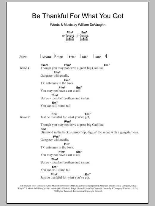 William DeVaughn Be Thankful For What You Got sheet music notes and chords arranged for Guitar Chords/Lyrics
