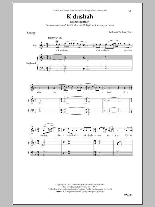William Dreyfoos K'dushah sheet music notes and chords arranged for SATB Choir