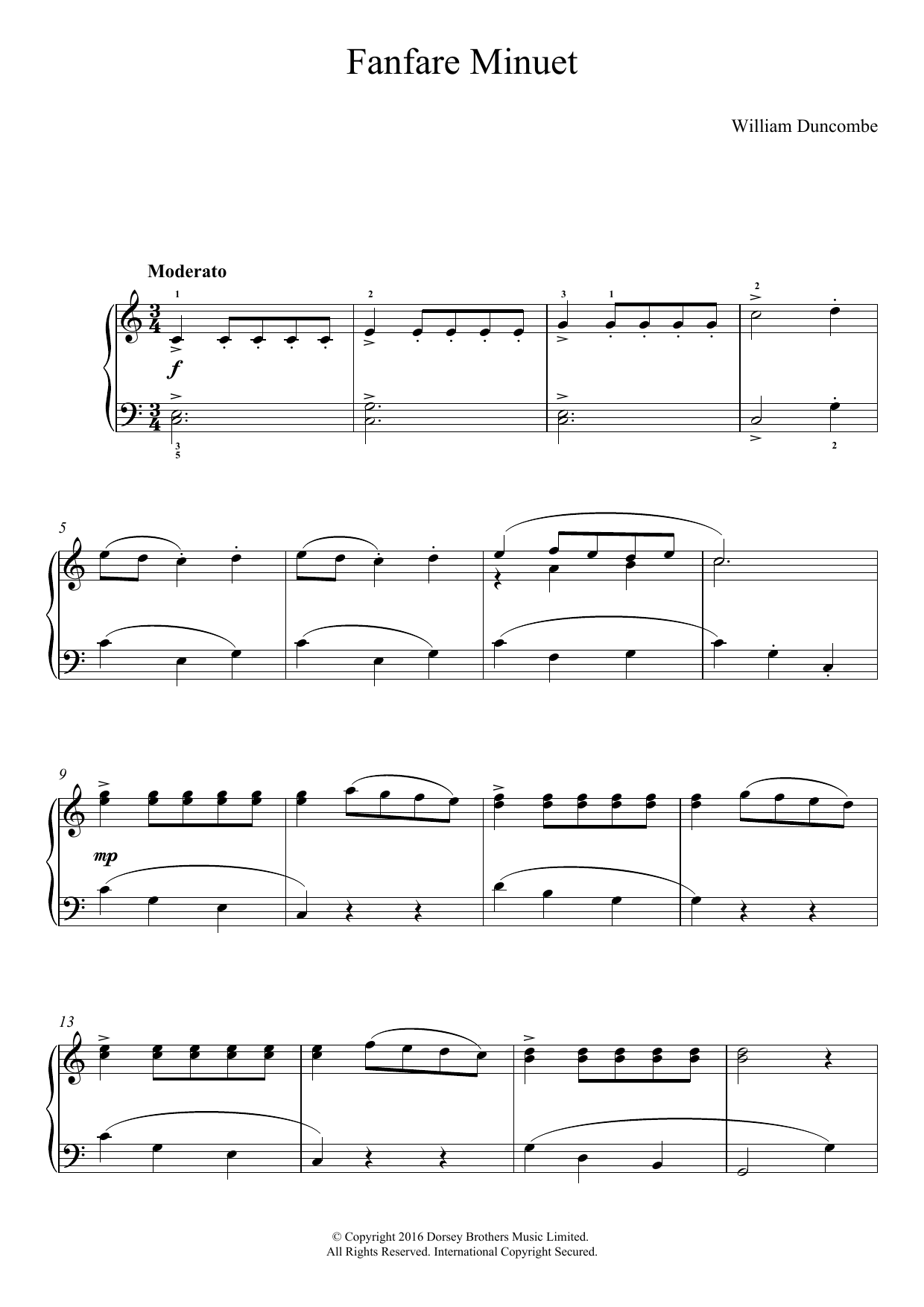 William Duncombe Fanfare Minuet sheet music notes and chords arranged for Easy Piano