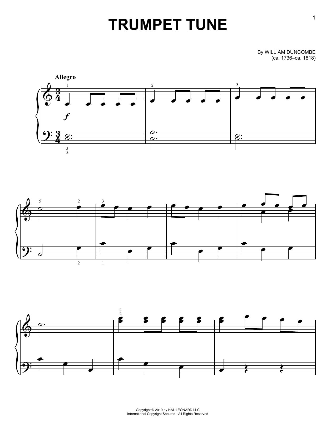 William Duncombe Trumpet Tune sheet music notes and chords arranged for Easy Piano