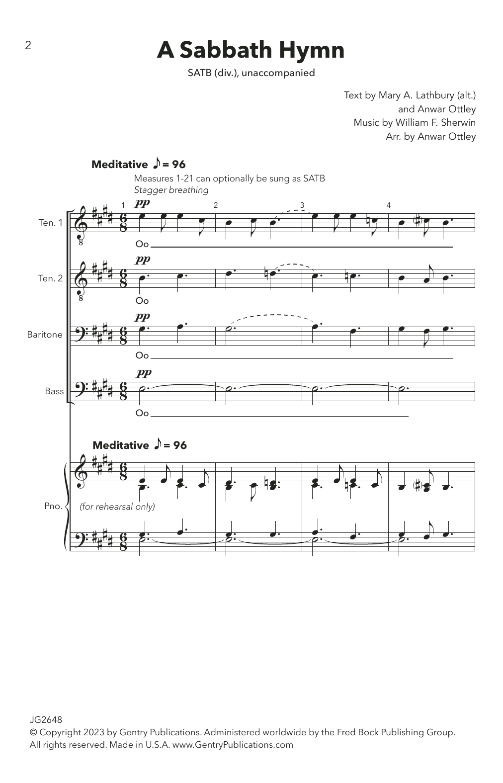 William F. Sherwin A Sabbath Hymn (arr. Anwar Ottley) sheet music notes and chords arranged for Choir