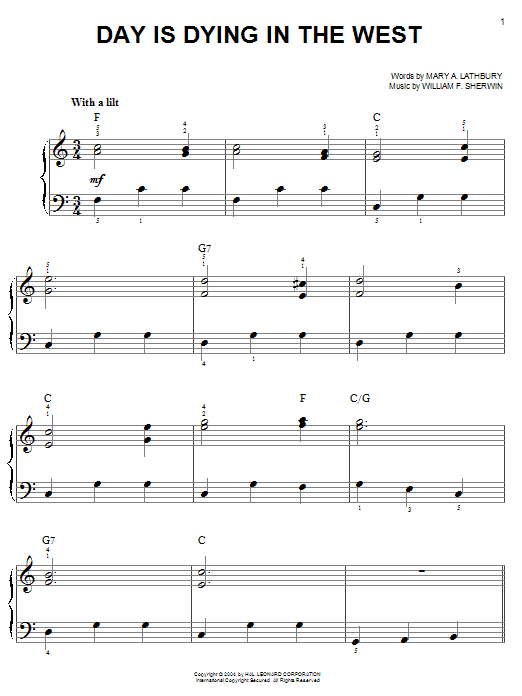 William F. Sherwin Day Is Dying In The West sheet music notes and chords arranged for Easy Piano