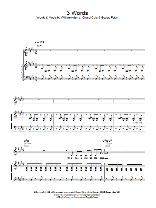 will.i.am featuring Cheryl Cole 3 Words sheet music notes and chords arranged for Piano, Vocal & Guitar Chords