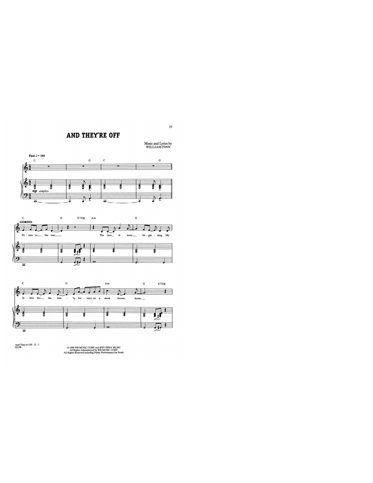 William Finn And They're Off (from A New Brain) sheet music notes and chords arranged for Piano & Vocal