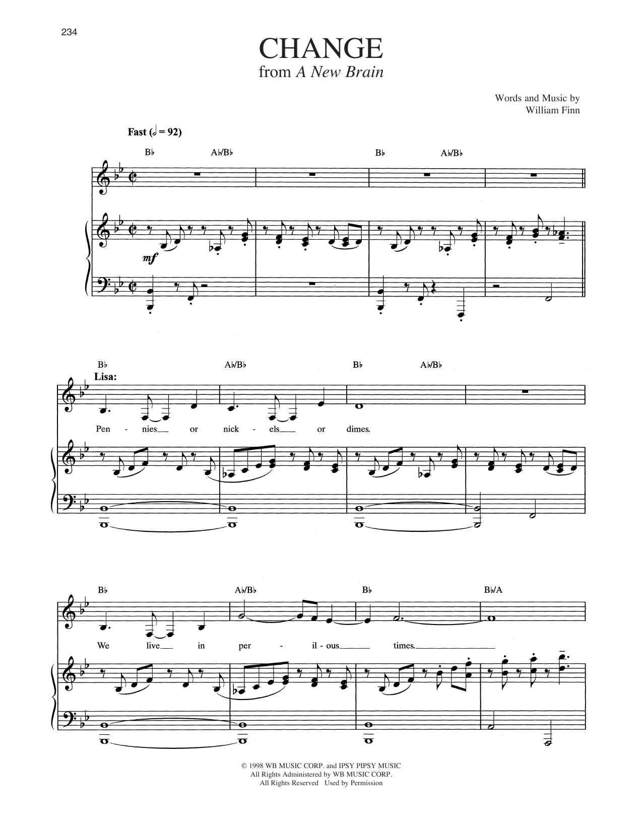 William Finn Change (from A New Brain) sheet music notes and chords arranged for Piano & Vocal