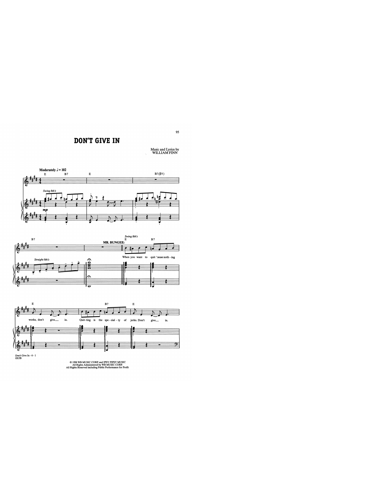 William Finn Don't Give In (from A New Brain) sheet music notes and chords arranged for Piano & Vocal