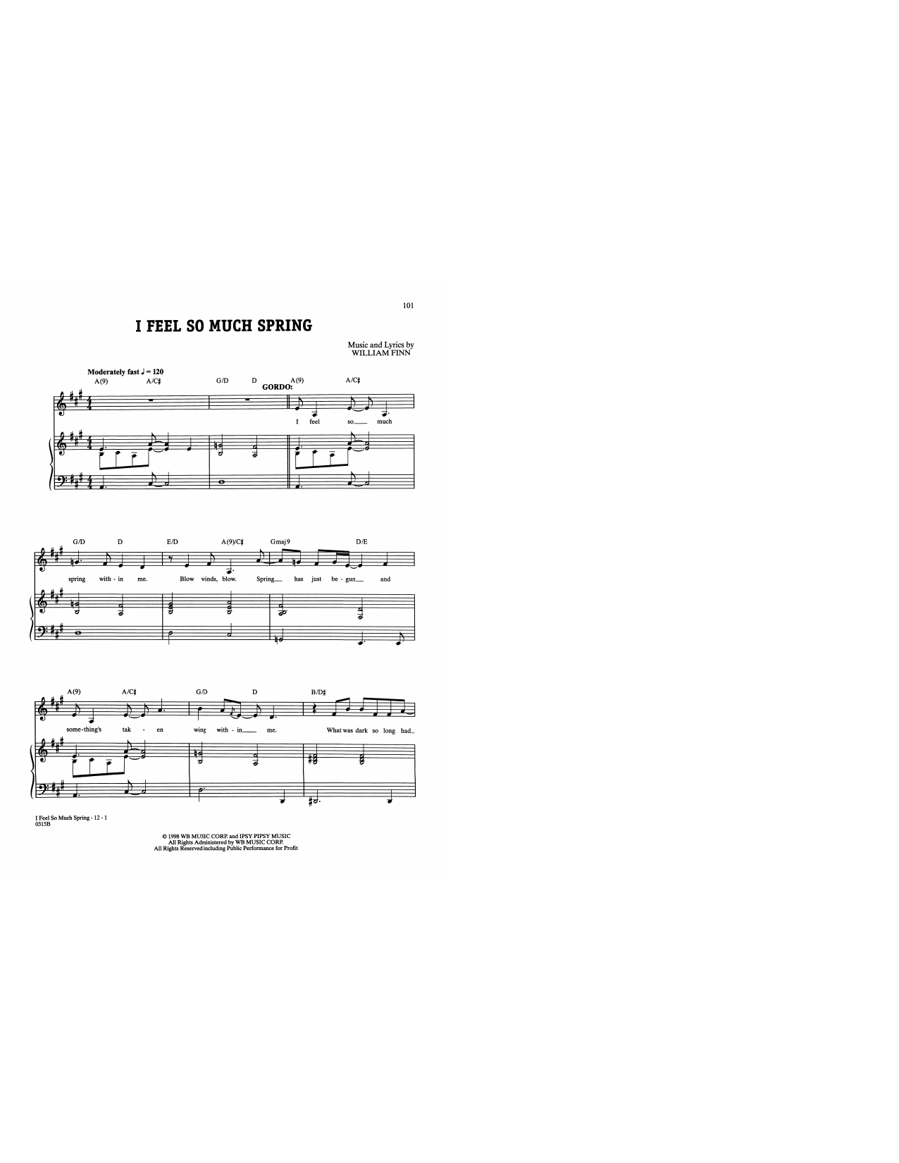 William Finn I Feel So Much Spring (from A New Brain) sheet music notes and chords arranged for Piano & Vocal