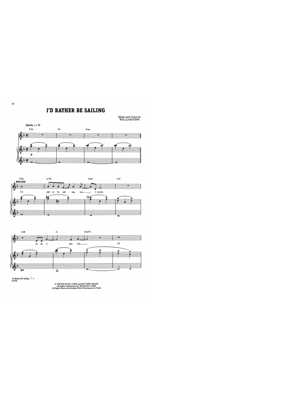 William Finn I'd Rather Be Sailing (from A New Brain) sheet music notes and chords arranged for Piano & Vocal