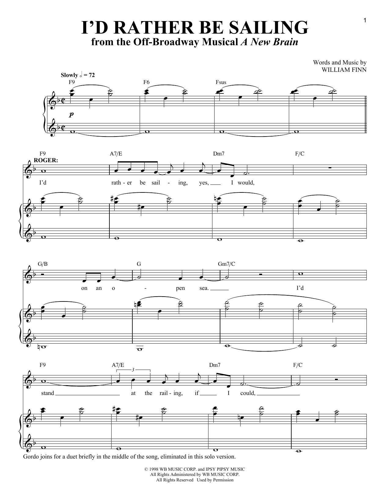 William Finn I'd Rather Be Sailing sheet music notes and chords arranged for Piano & Vocal