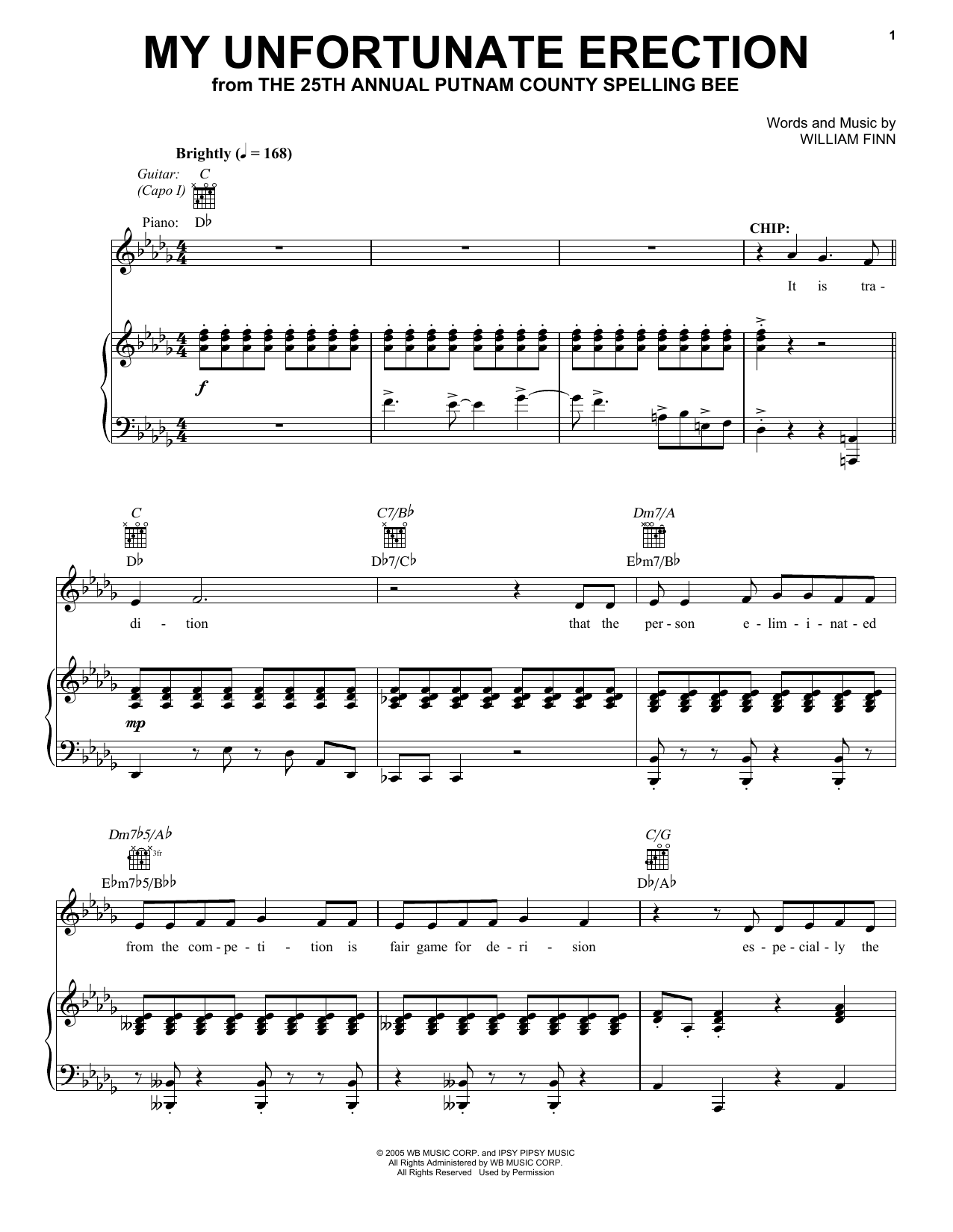 William Finn My Unfortunate Erection (from 25th Annual Putnam County Spelling Bee) sheet music notes and chords arranged for Vocal Pro + Piano/Guitar
