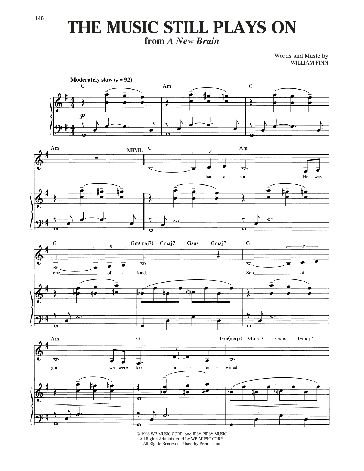 William Finn The Music Still Plays On (from A New Brain) sheet music notes and chords arranged for Piano & Vocal