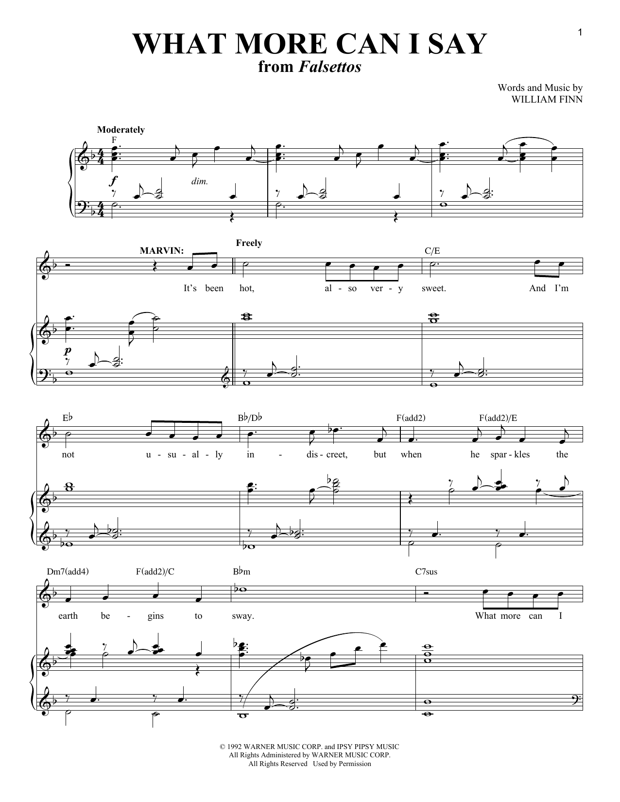 William Finn What More Can I Say? (from Falsettos) sheet music notes and chords arranged for Piano & Vocal