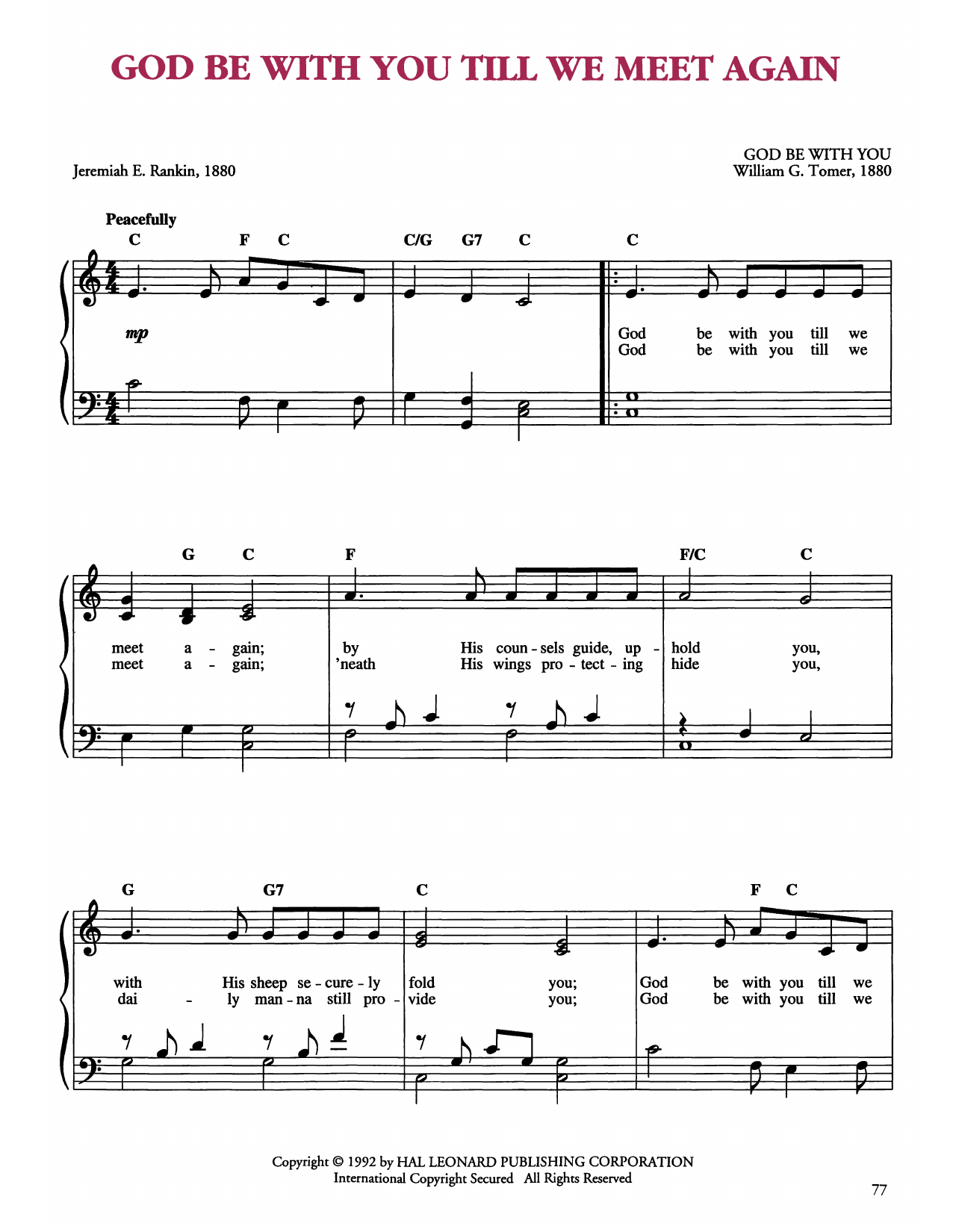 William G. Tomer God Be With You Till We Meet Again sheet music notes and chords arranged for Easy Piano