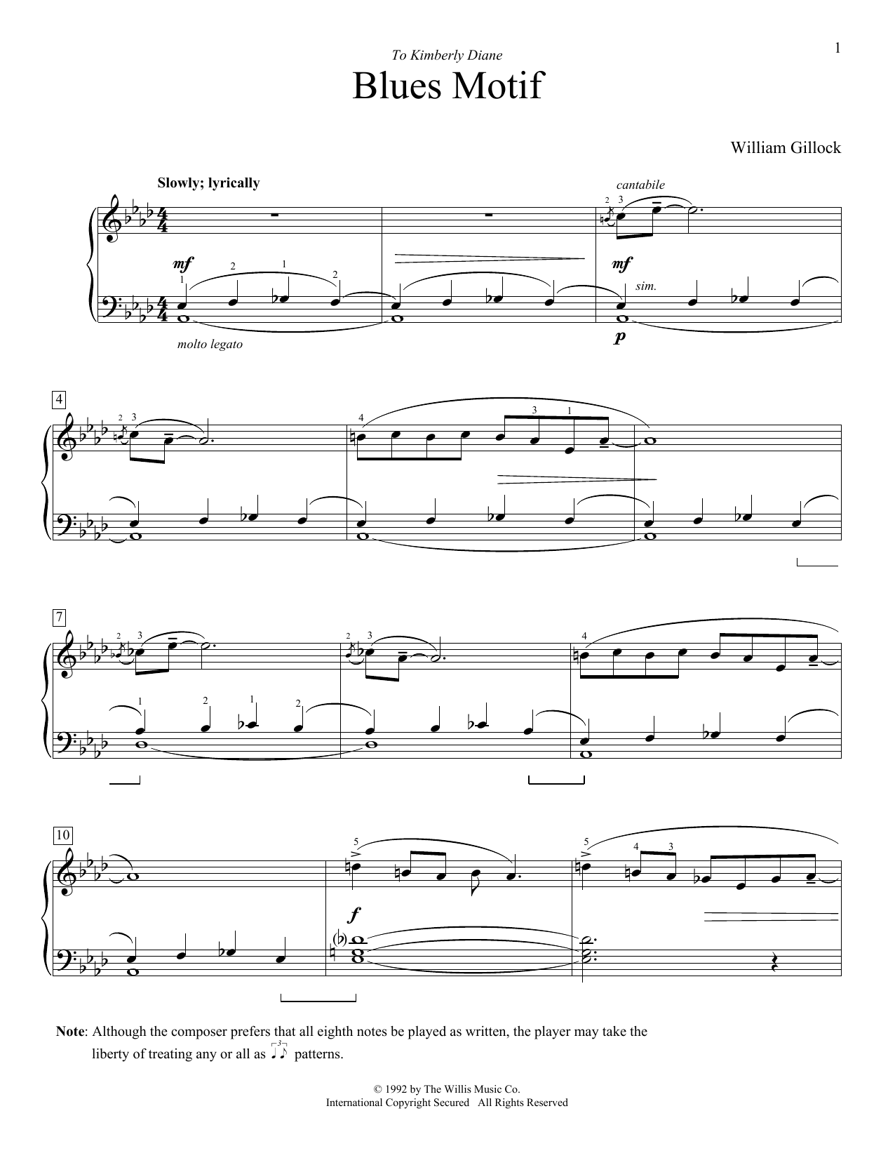 William Gillock Blues Motif sheet music notes and chords arranged for Educational Piano